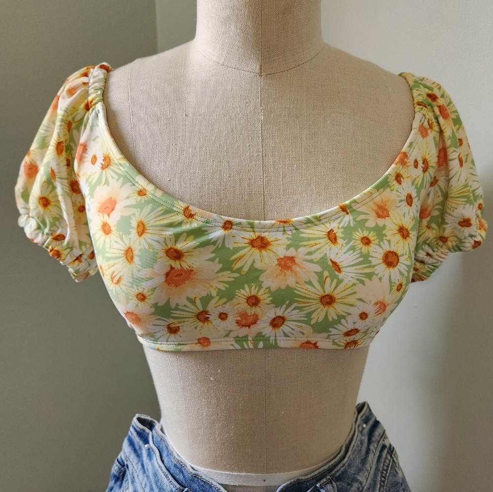 Floral Puff Sleeve Crop Swim Top - Green and Orange